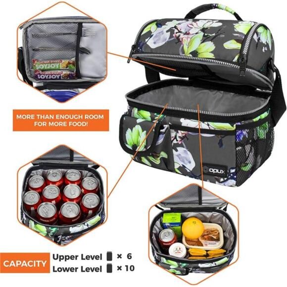 Lunch Bag Women Insulated, Adult Lunch Box Cooler, Flower Lunch Box, Dual - Picture 6 of 7